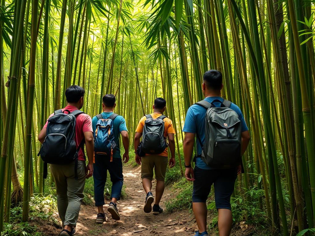 Group of trekkers hiking through a bamboo forest