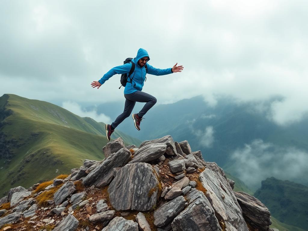 Adventure traveler leaping across a mountain ridge